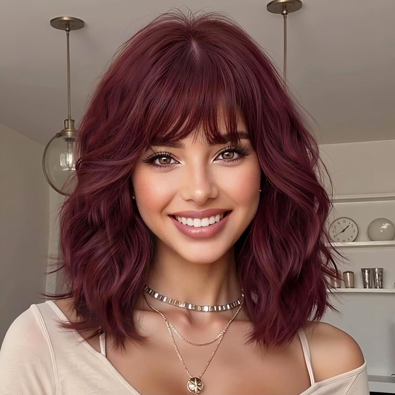 YEESHEDO Short Bob Wigs for Women Natural Curly Wigs with Fringe Bangs Heat Resistant Hair Fiber for Daily Use or Cosplay Party 16" (Wine Red)