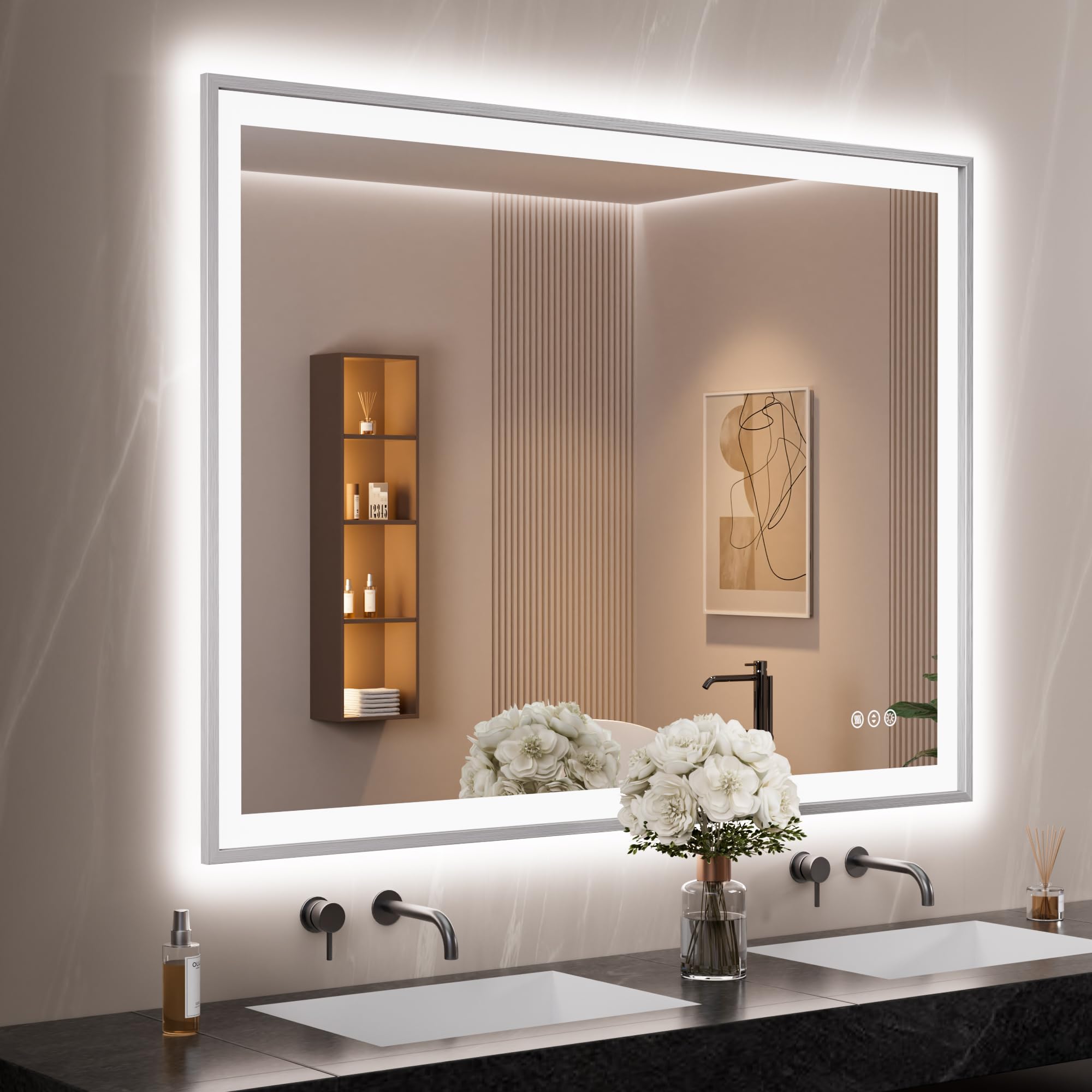 Photo 1 of ***FACTORY SEALED***
ISTRIPMF 48x36 Silver LED Bathroom Mirror, Rectangle Brushed Nickel Lighted Mirror for Wall, Stepless Dimmable Led Vanity Mirror with Front-lit and Backlit, Tempered Glass, Anti-Fog, Memory