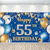 55 Birthday Decorations Happy 55th Birthday Backdrop Banner Blue Gold Large Size Banner Triangle Flag Balloons Booth Background Deco for Women Men 55 Years Old Anniversary Party Supplies Photo Prop