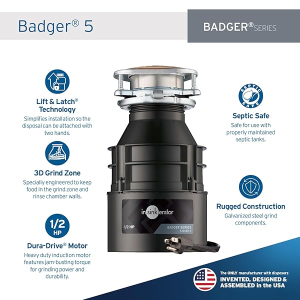 INSINKERATOR BADGER 5 GARBAGE DISPOSAL WITH POWER CORD, STANDARD SERIES 1/2 HP CONTINUOUS FEED FOOD WASTE DISPOSER, BADGER 5 W/C, NO SIZE, BLACK/GRAY
