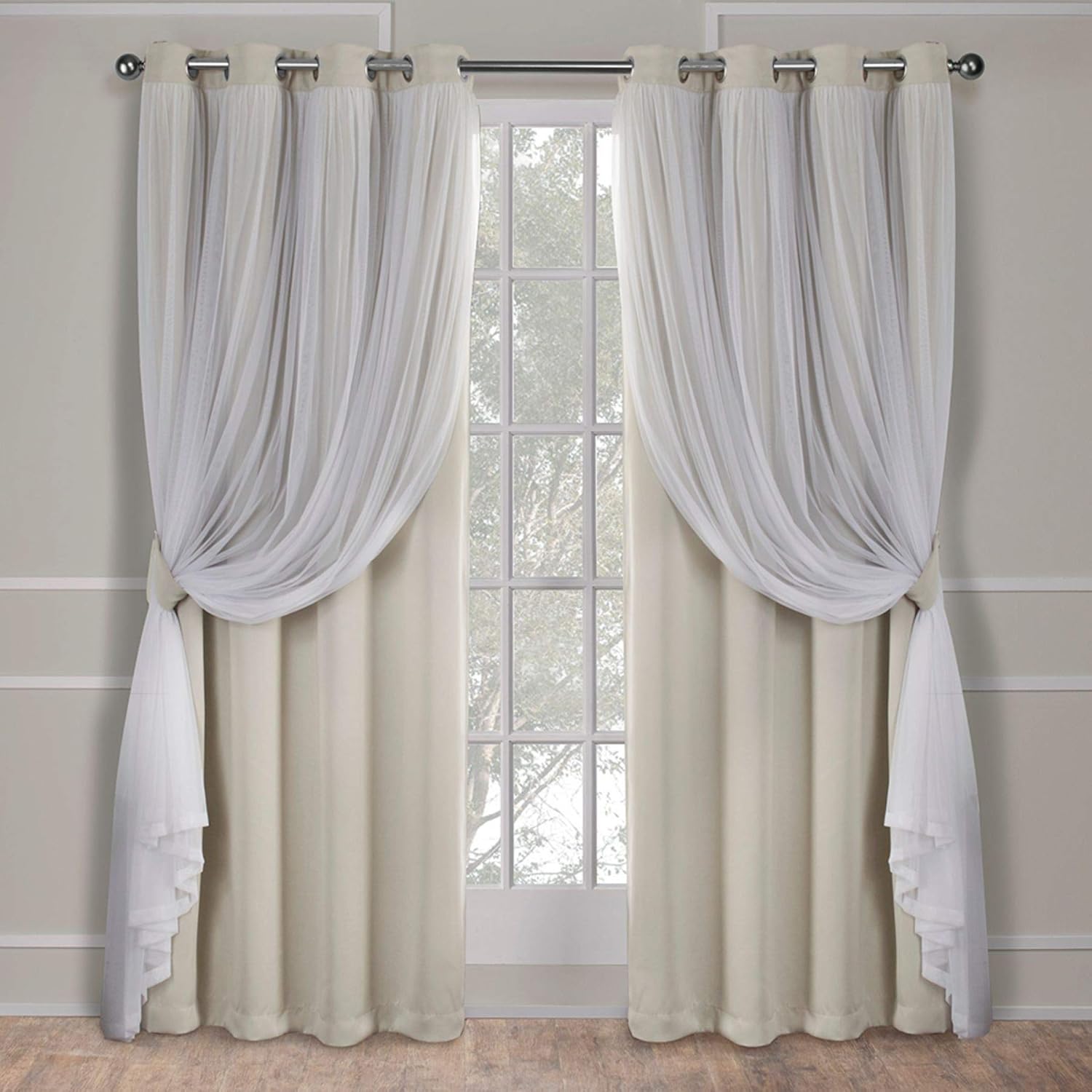 Amazon Com Exclusive Home Curtains Catarina Layered Solid Blackout And Sheer Window Curtain Panel Pair With Grommet Top 52x84 Sand 2 Count Home Kitchen