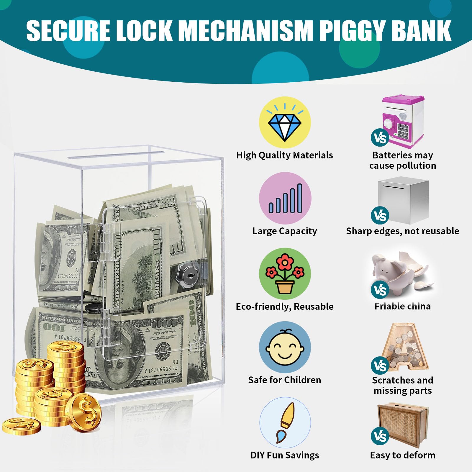 ETPlanet Clear Acrylic Piggy Bank for Adults Kids, Large and Sturdy Money Saving Jar for Cash Coin with Key Change jar, Saving Box for Wedding, Birthday, New Year Gifts and Fun (Clear)