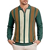 EDITCOZY Mens Knit Polo Shirts Vintage Striped Long Sleeve Quarter Zip Polo Sweater Pullover Shirts Golf Shirts