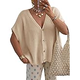 Saodimallsu Womens Spring Oversized Cardigans Batwing Short Sleeve Lightweight Button V Neck Casual Knit Sweater Tops