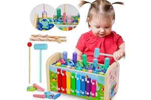 QIRPTEY Educational Wooden Montessori Toys for 1 Year Old Age 2 3 Toddler Sensory Toy Developmental Learning Hammering Pounding Toys Xylophone Fine Motor Skill Toy 1-3 Preschool Activity Age 1-2 0-2 Gift