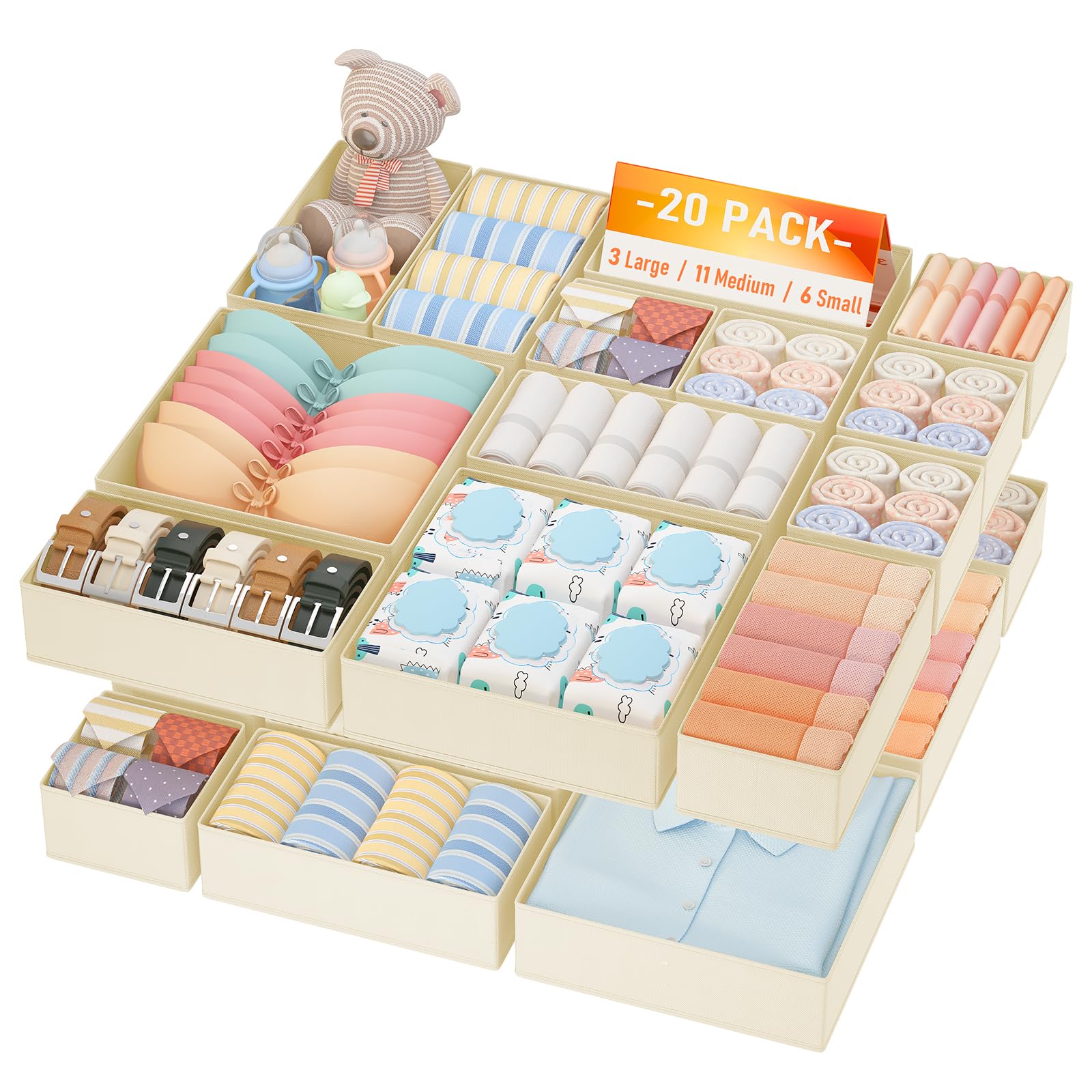 Photo 1 of DIMJ Drawer Organizer Clothes, 20 Pack Dresser Organizer, Foldable Closet Organizers and Storage, Fabric Dresser Bins, Drawer Dividers for Nursery, Baby Clothes, Underwears, Sock (Beige)