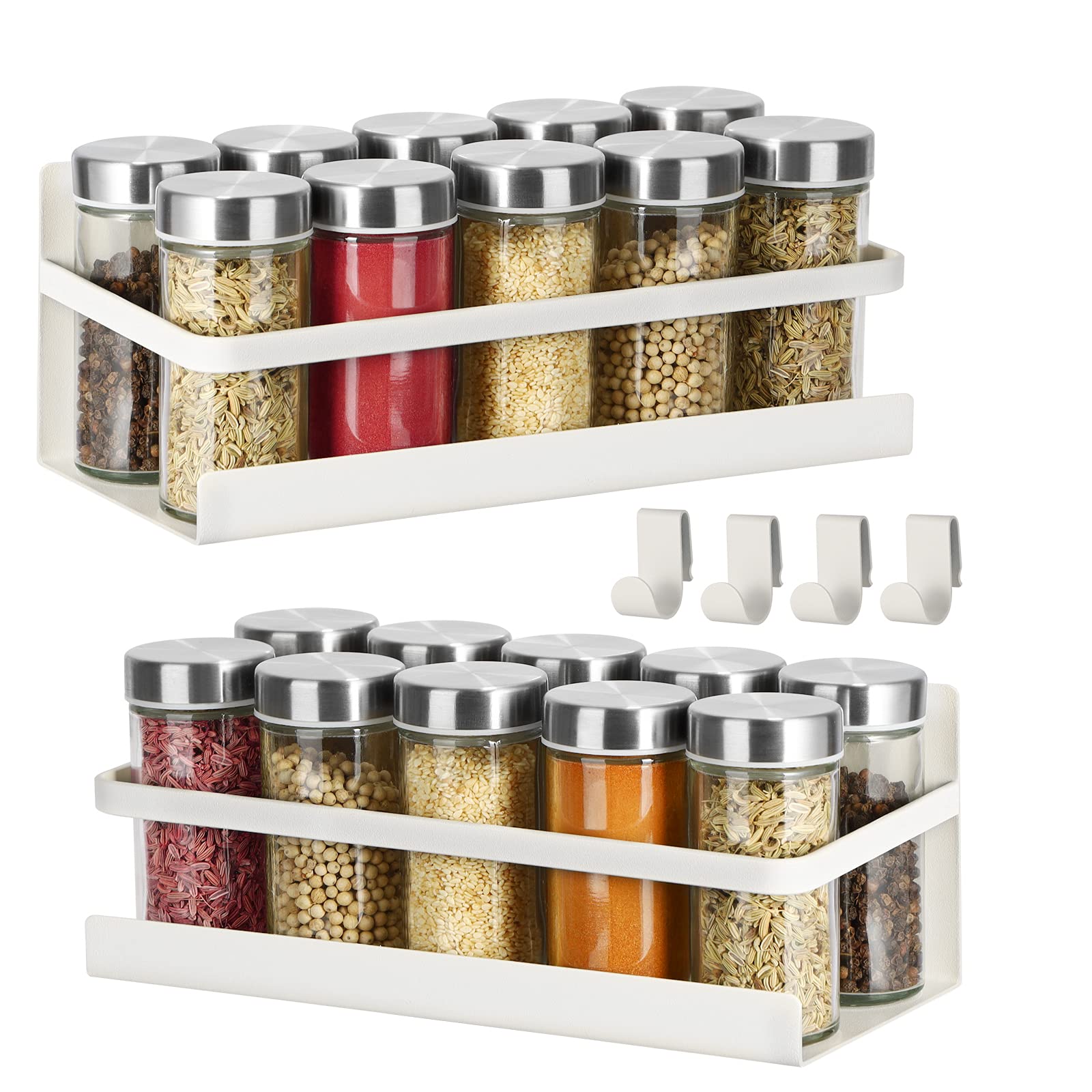 Magnetic Spice Rack 2 Pack Refrigerator Shelf Seasoning Organizer W/ 4 Hooks Metal Storage Rack Fridge Side Wall Mount Spice Stand Jar Holder Utensils Towel Shelves Home Kitchen Organization - White