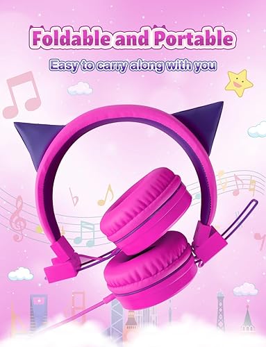 SIMJAR Cat Ear Kids Headphones with Microphone for School, Volume Limiter 85/94dB, Wired Girls Headphones with Foldable Design for Online Learning/Tra QearFun Kids Cat Ear Headphones with Cord for Girls with Mic, 85
