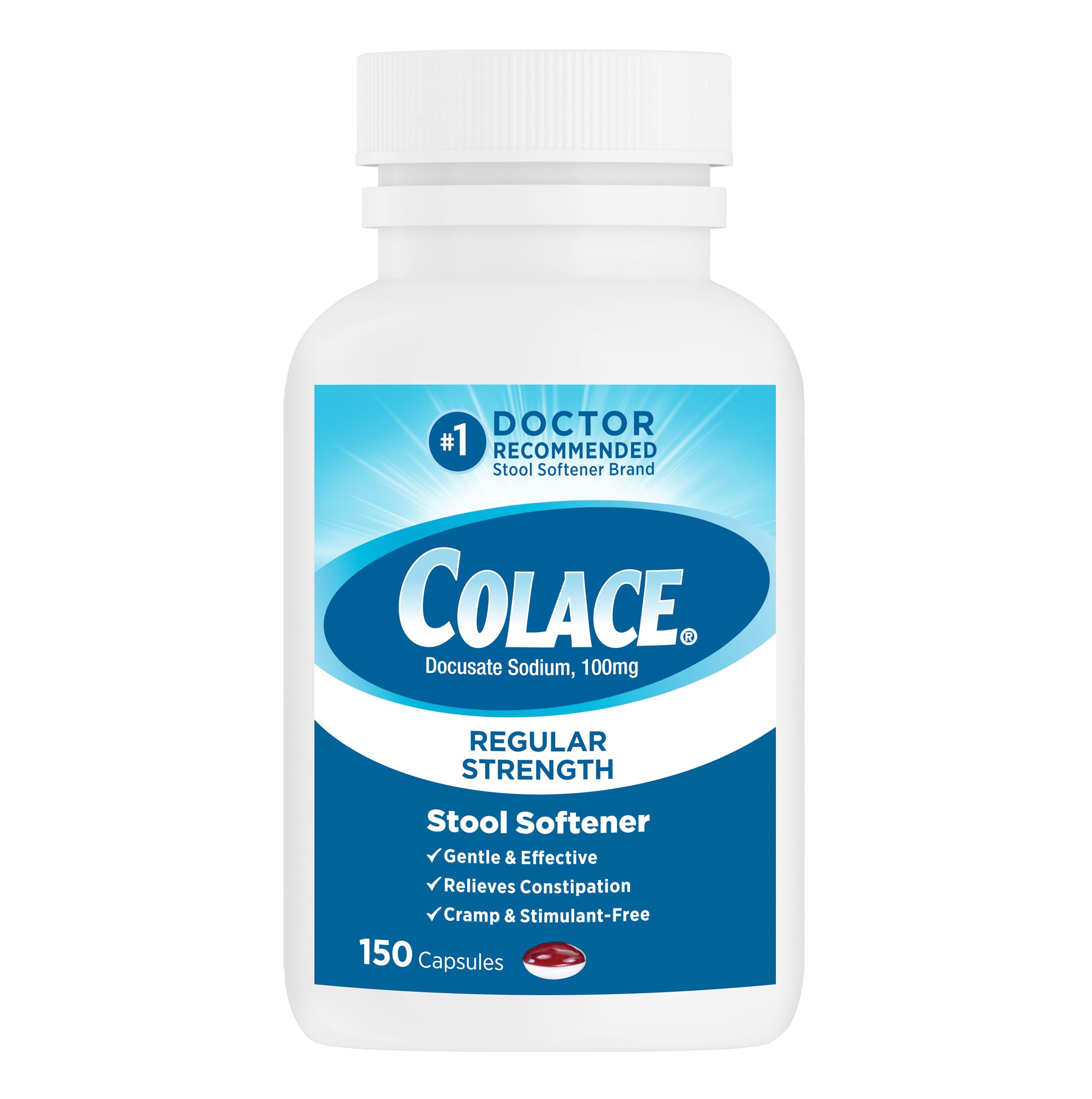 Colace Stool Softener 100 mg, 150 Capsules, Constipation Relief, Docusate Sodium, Gentle Docusate, Stimulant-Free, Regular Strength, #1 Doctor Recommended Stool Softener Brand Image