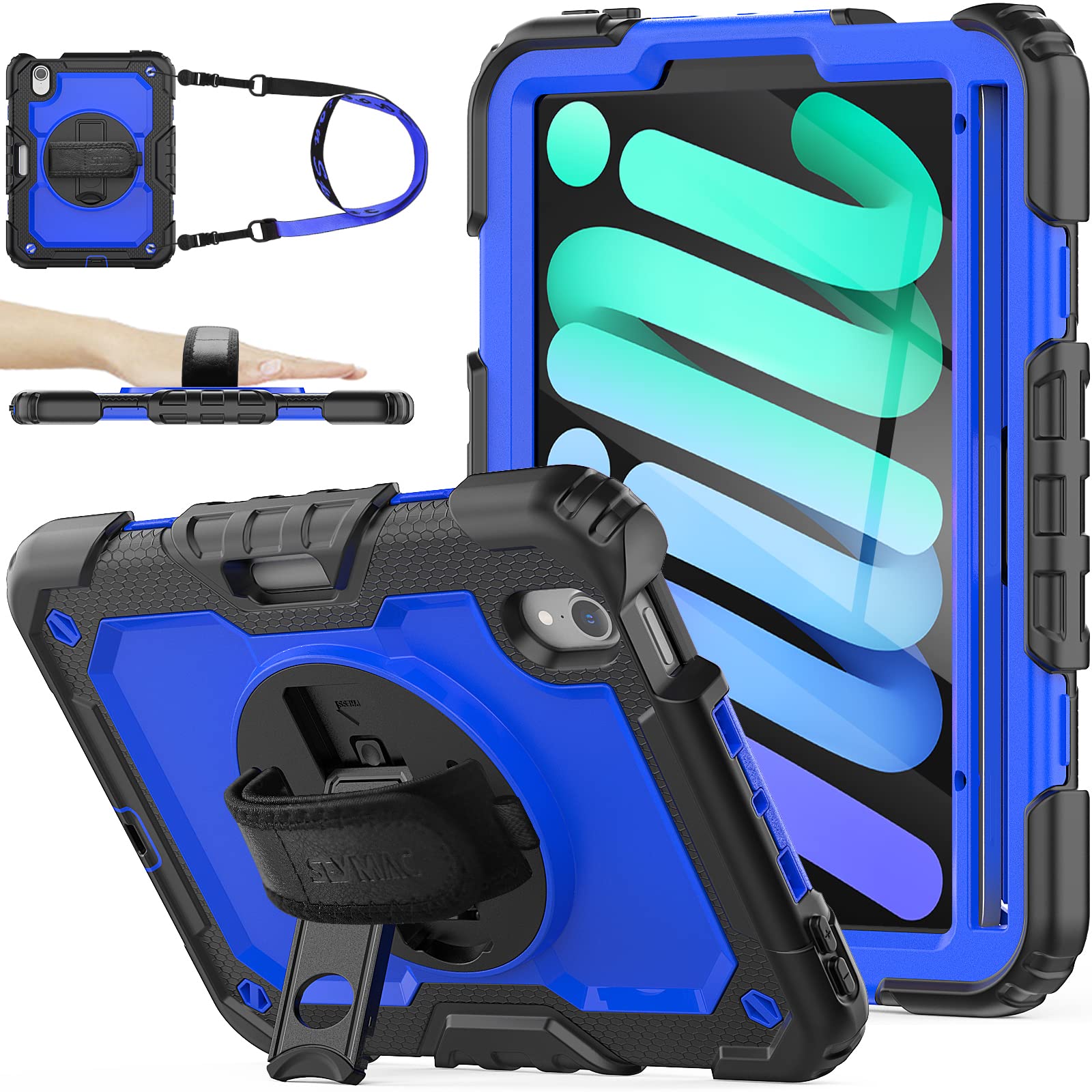 Photo 1 of SEYMAC stock Case for iPad mini 7 (A17 Pro) 2024/ Mini 6 8.3'' with Screen Protector Pencil Holder [360 Rotating Hand Strap] &Stand, Drop-Proof Case for iPad mini 7th/6th Generation 8.3", Blue+Black