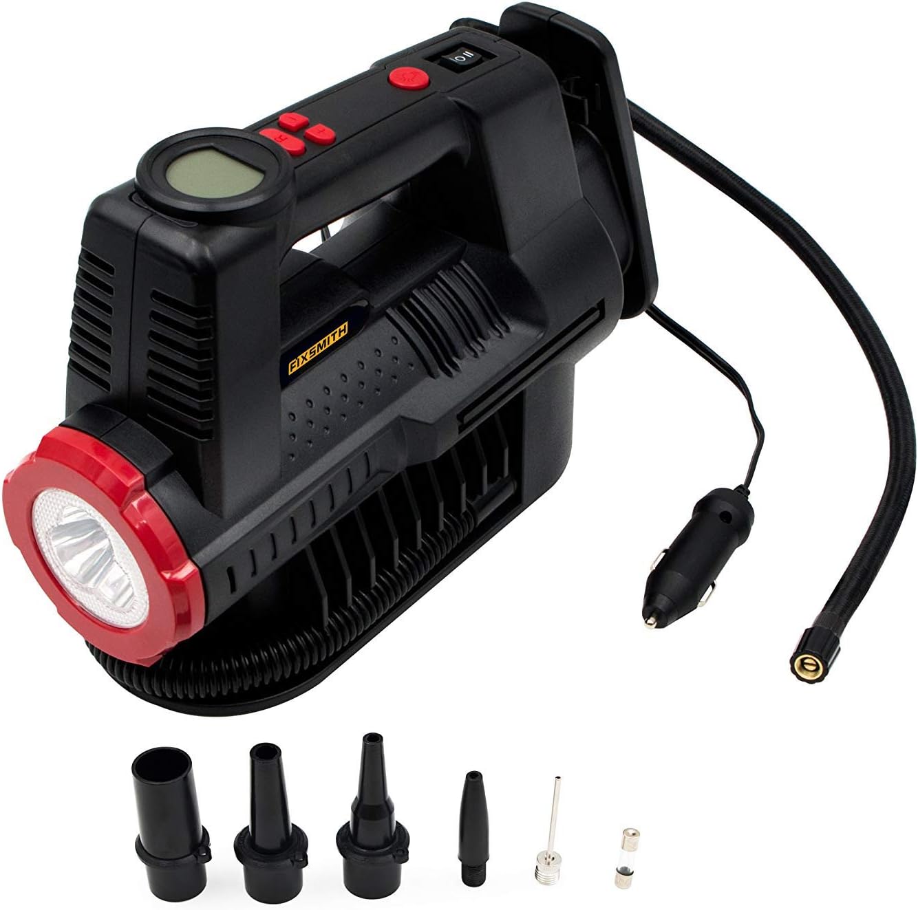 FIXSMITH 12v Air Compressor - Digital Gauge 150 PSI, 12 V DC Portable Car Tire Inflator, LED Torch, Auto Shut-Off, 5 High air Flow Adaptors, for Car, Motorbike, Bicycle,Sports Ball,air Bed AT2227B.