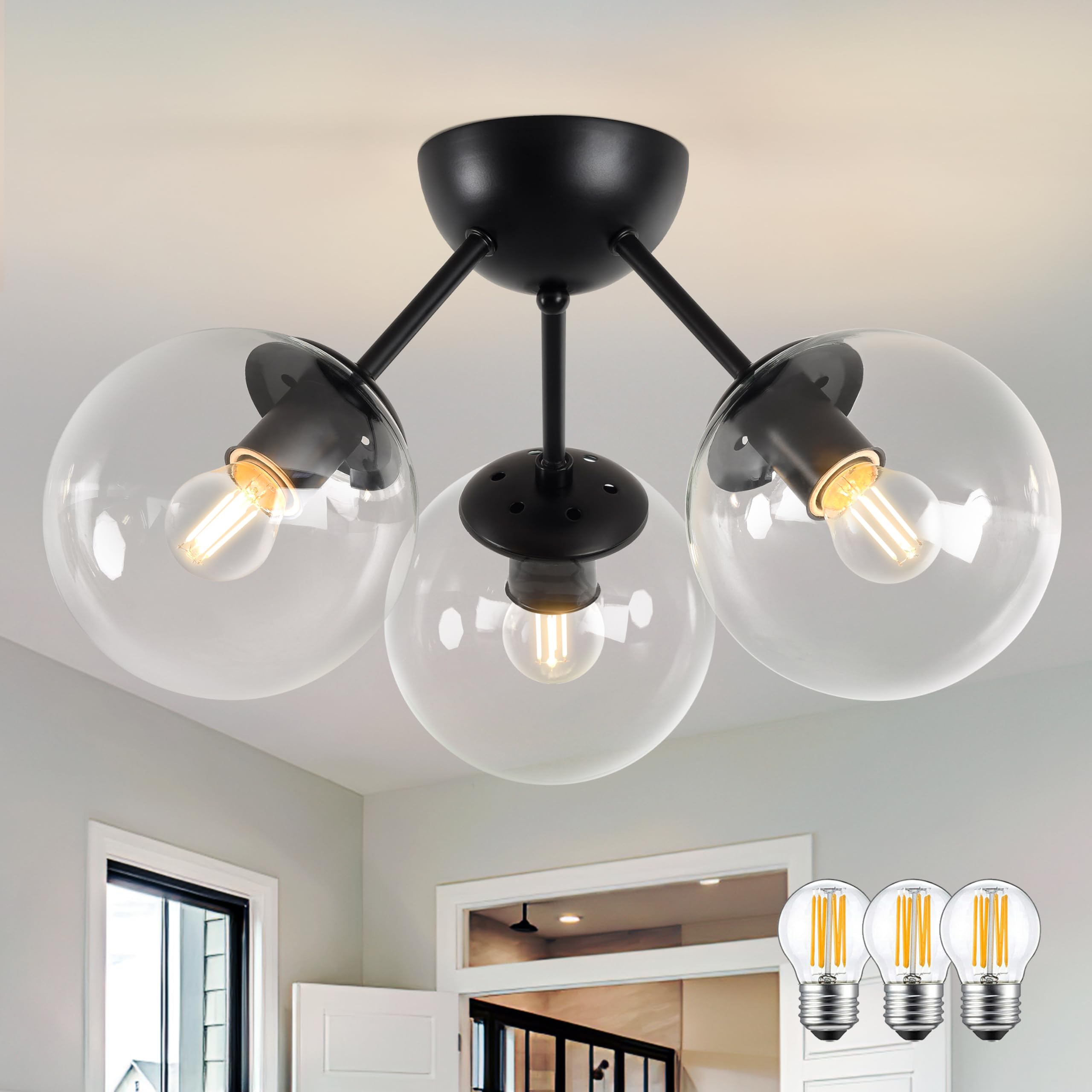 Photo 1 of Bagood Mid-Century Modern Semi Flush Mount Ceiling Light 3 Lights Clear Glass Modern Globe Ceiling Light Matte Black Sputnik Chandeliers for Hallway Entryway Kitchen Bedroom Laundry(Bulb Incl.)
