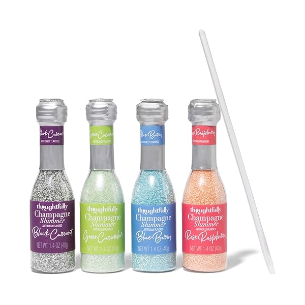 THOUGHTFULLY COCKTAILS, CHAMPAGNE SHIMMER GIFT SET, ADD SHIMMER TO CHAMPAGNE, PROSECCO OR CARBONATED BEVERAGES WITH RASPBERRY, BLUEBERRY, LIME, AND BLACKCURRANT COCKTAIL DRINK SHIMMERS, SET OF 4
