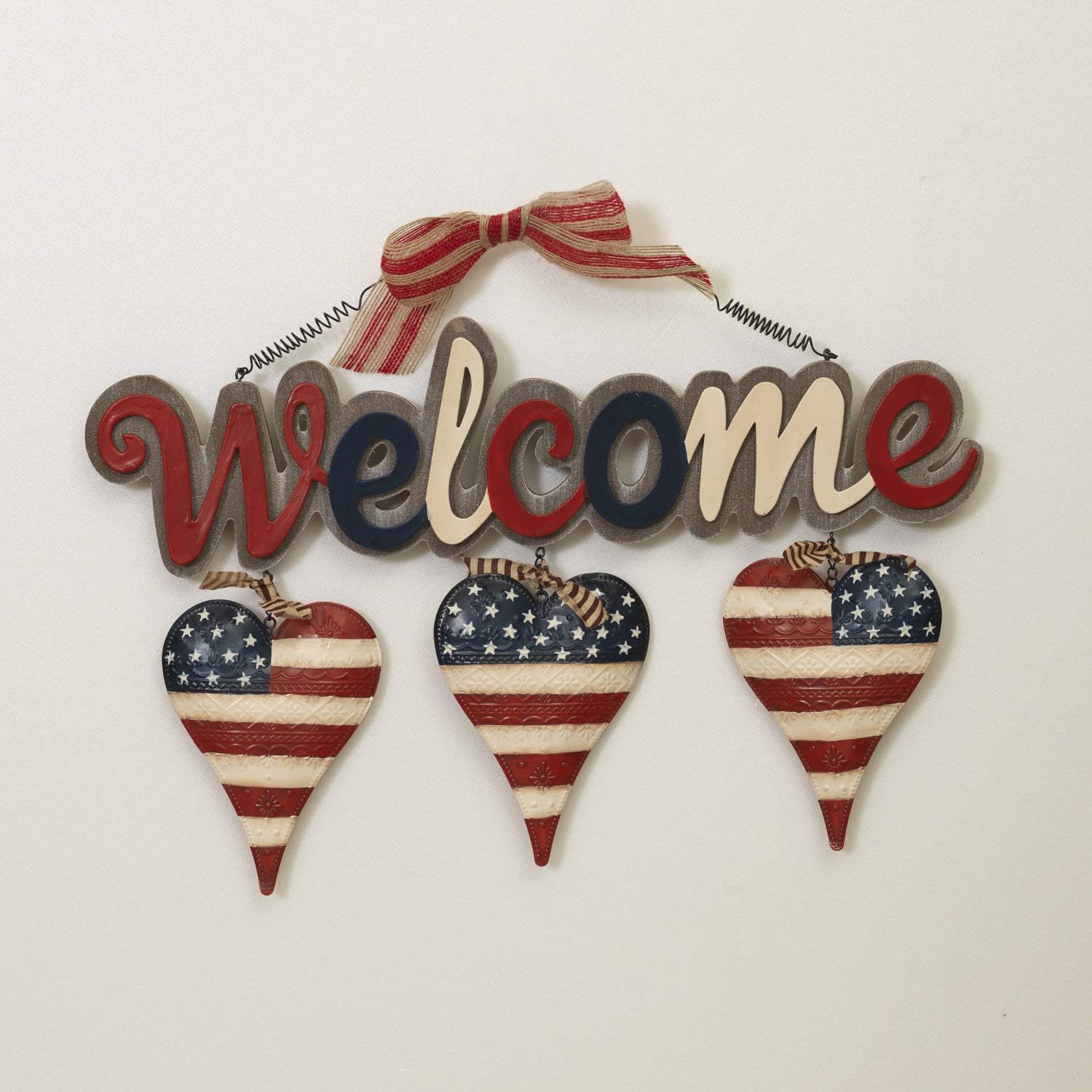 One Holiday Way 18-Inch Wood and Metal Patriotic Welcome Sign with Hearts – Americana Front Door Decoration Indoor Outdoor Home Decor