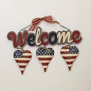 One Holiday Way 18-Inch Wood and Metal Patriotic Welcome Sign with Hearts – Americana Front Door Decoration Indoor Outdoor Home Decor