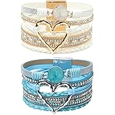 COAUXOG 2Pcs Boho Bracelets Woven Leather Multi-Layer Wrap Bracelet Heart Shape Inlaid Rhinestone Stackable Fashion Women Bracelet Jewelry