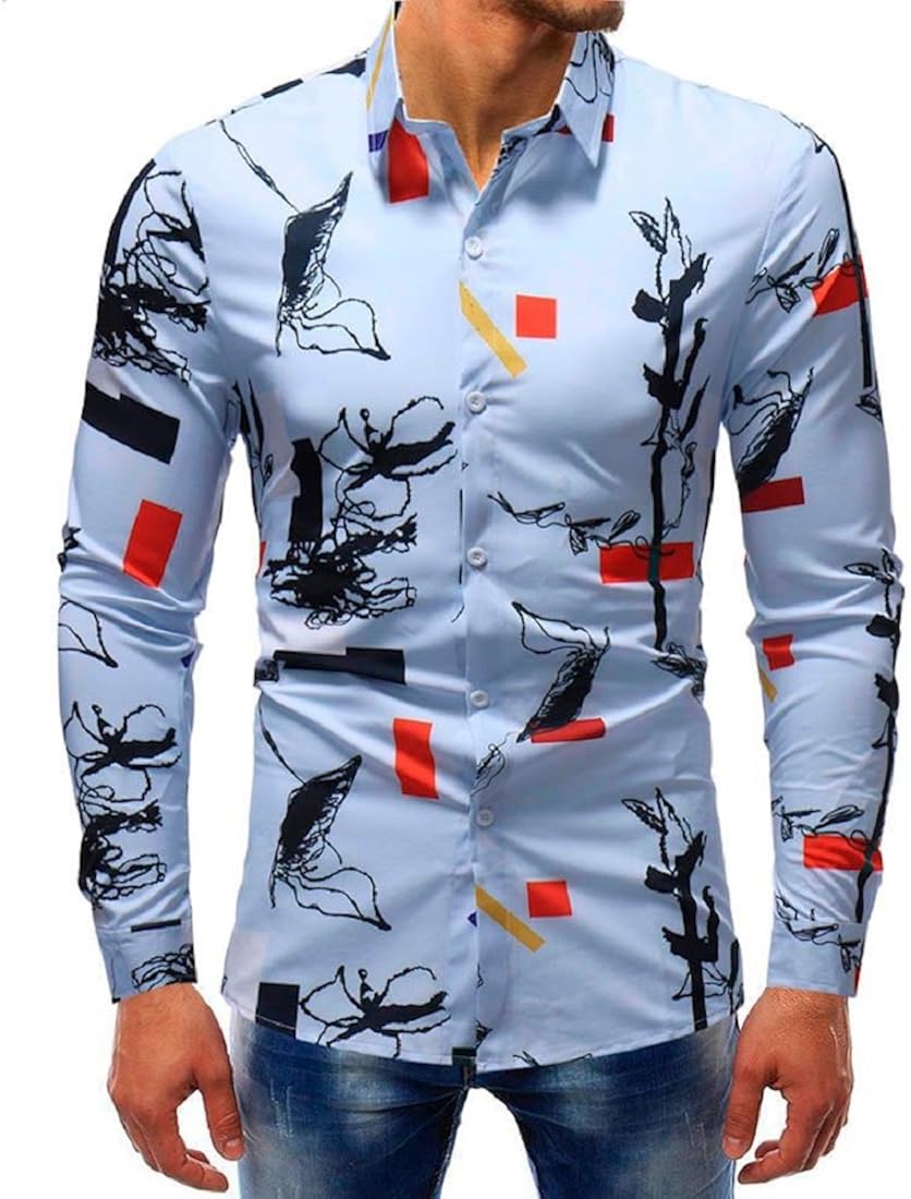 Men's Fashion Printed Dress Shirt Classic Casual Long Sleeve Slim Fit Shirts Top (M, Multicolor 