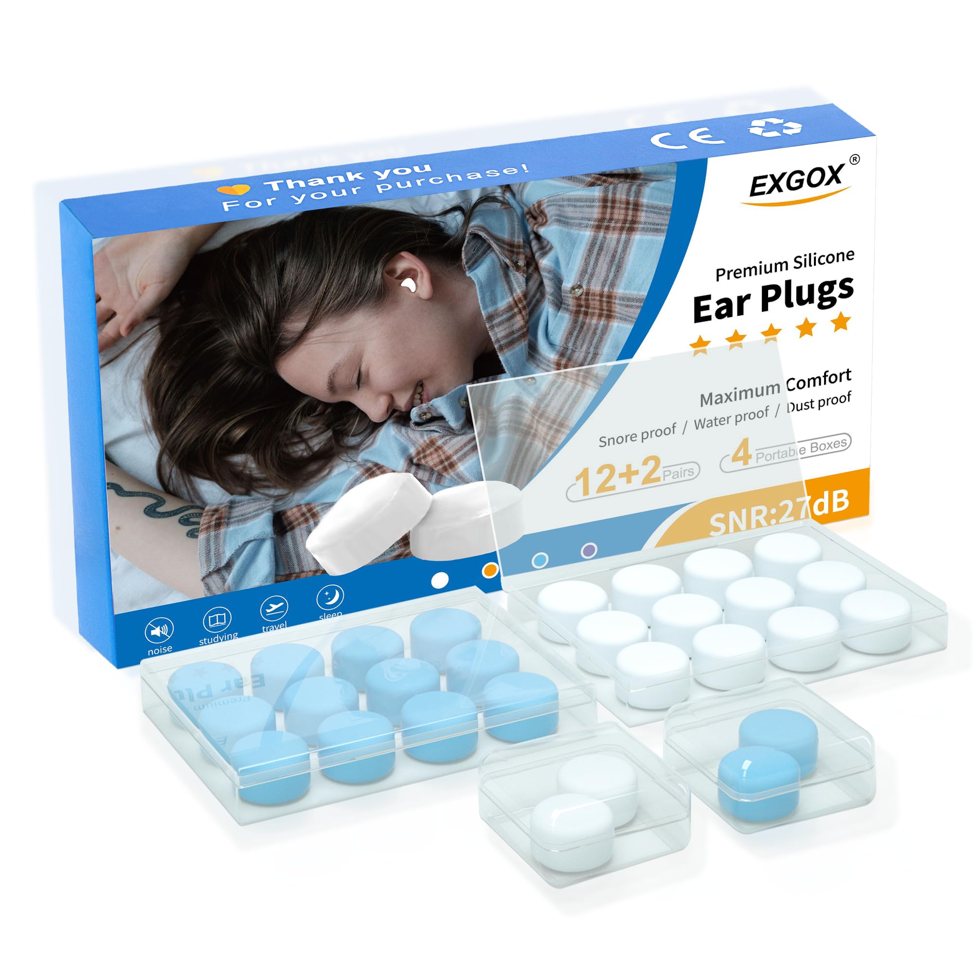 EXGOX 14 Pairs Silicone Ear Plugs for Sleeping Noise Cancelling Reusable Moldable Wax Earplugs for Swimming, Work, Airplane, SNR27dB(Blue, White)