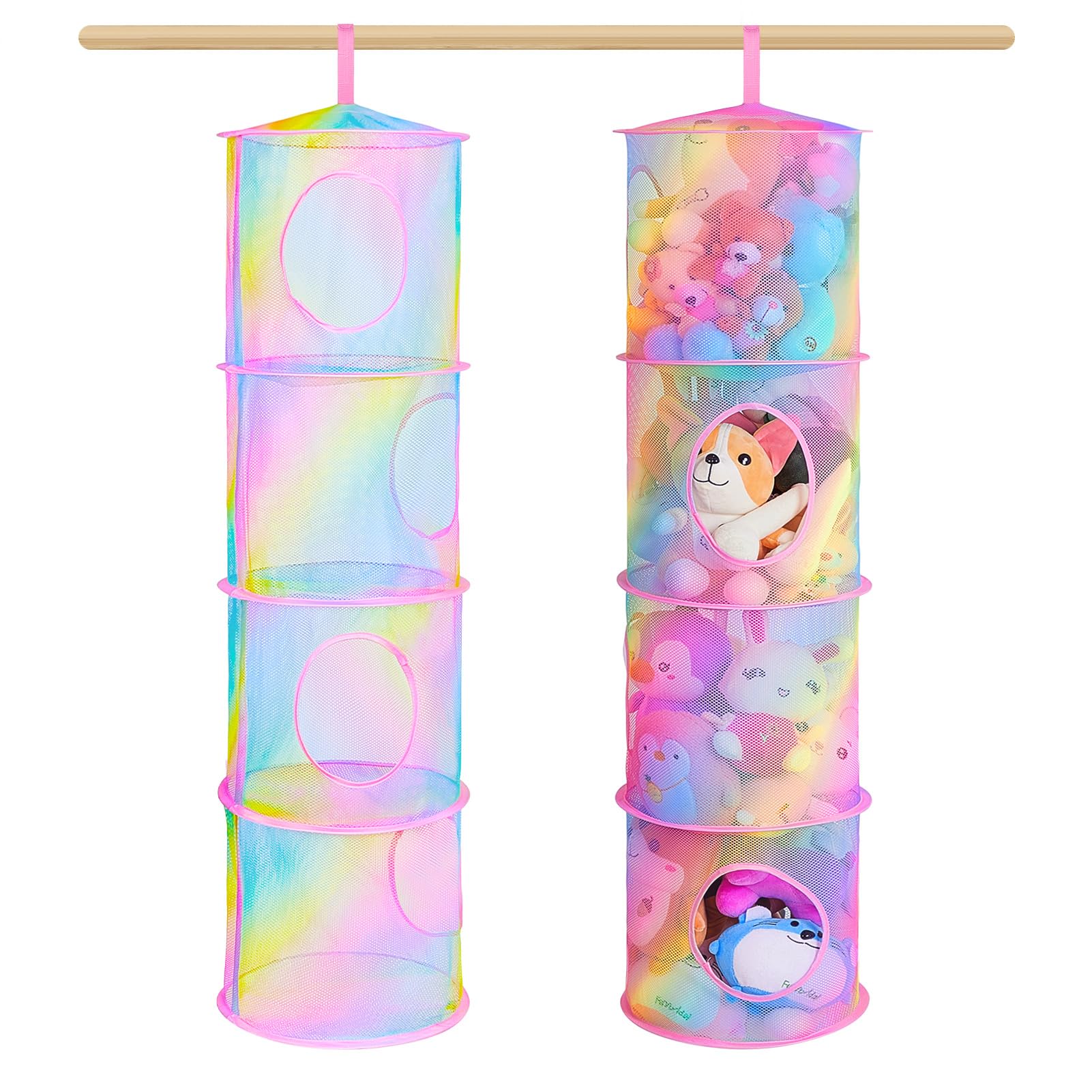 MHJY Toy Storage Suffed Animals Hammock 2 Pcs Hanging Mesh Net Foldable Large Soft Cuddly Plush Toy Organizer Unit Clothes Baskets Shelves for Kids Bedroom, 4 Tiers