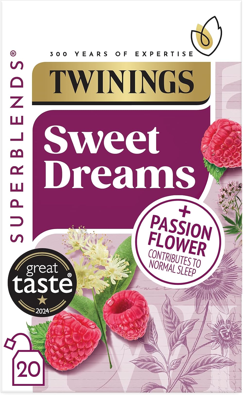 Twinings Sweet Dreams Tea Raspberry Passionflower Valerian Niacin 20 Bags