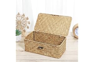 IMIKEYA Handwoven Seagrass Storage Bins, 9X5X3 Inch Basket with Lid Lightweight Storage Box for Nursery Hampers Home Shelves Bathroom Organizer Bins