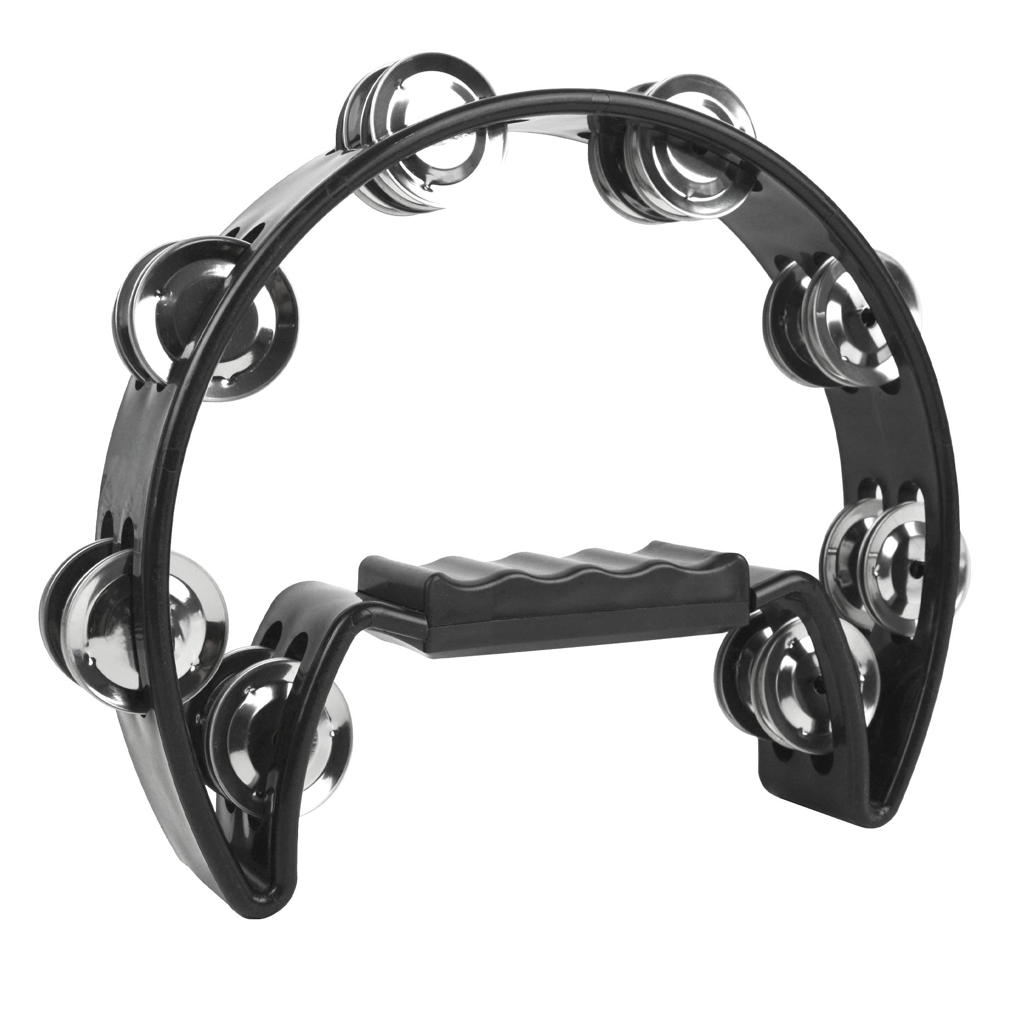 A-Star Half Moon Tambourine, Double Jingle Bell Cutaway with Ergonomic Grip Handle - Singers, Bands, Musicians, Music Classes - Black