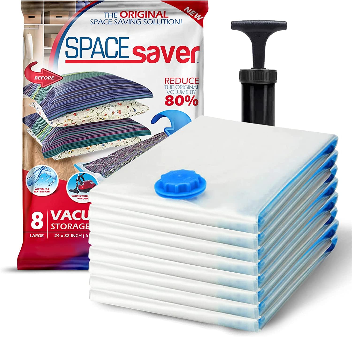 SpaceSaver Vacuum Storage Bags - Clothes Storage Bag Vacuum Pack - Space Saver Vacuum Storage Bags for Clothes Storage, Vacuum Bags for Bedding - Vacuum Bags for Clothes - with Pump (LARGE 8-Pack)