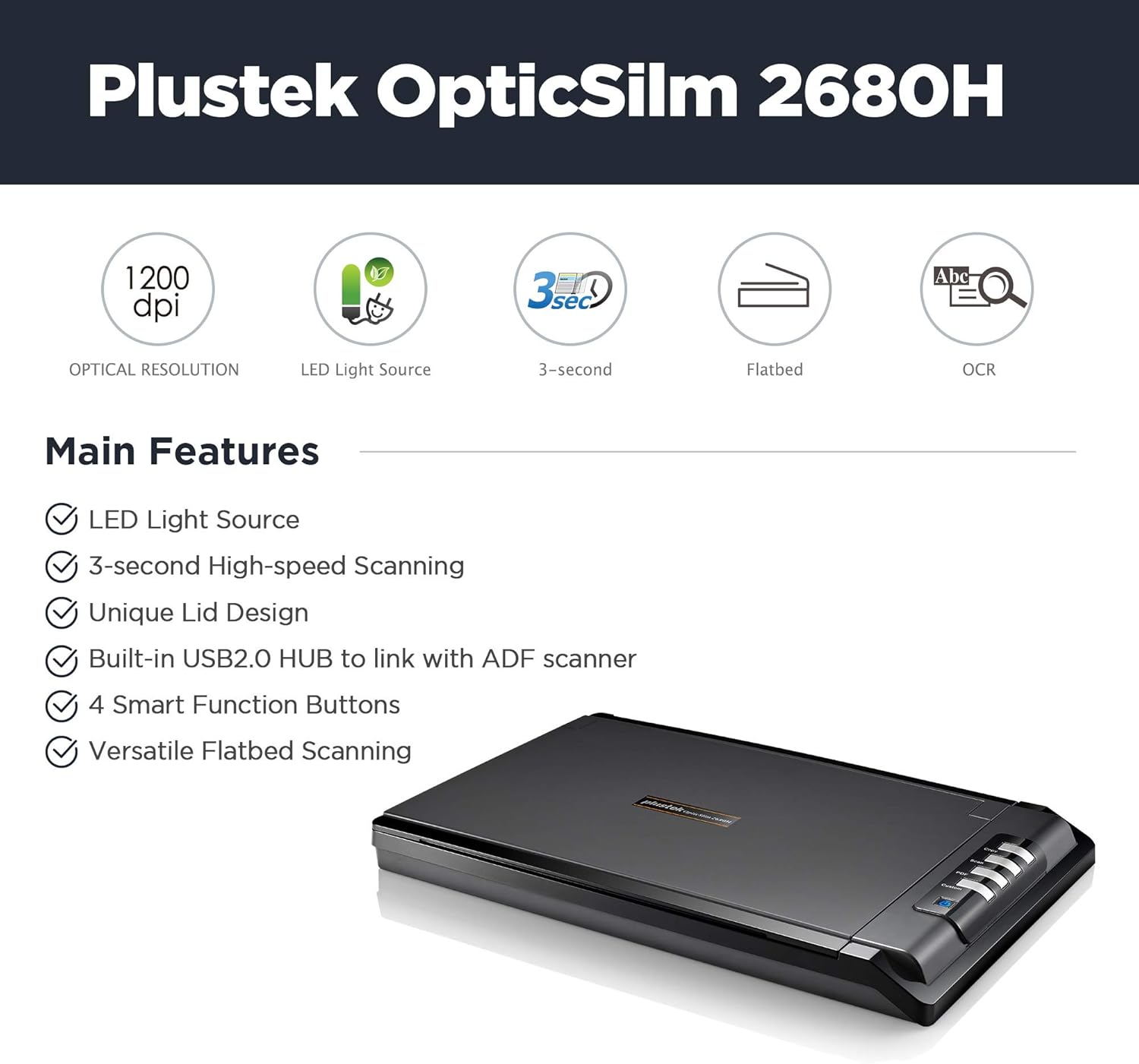 Plustek OpticSilm 2680h - High Speed Flatbed Scanner, 3sec Fast scan Speeds. Compact Design for Home and Home Office. Support Windows and Twain: Electronics