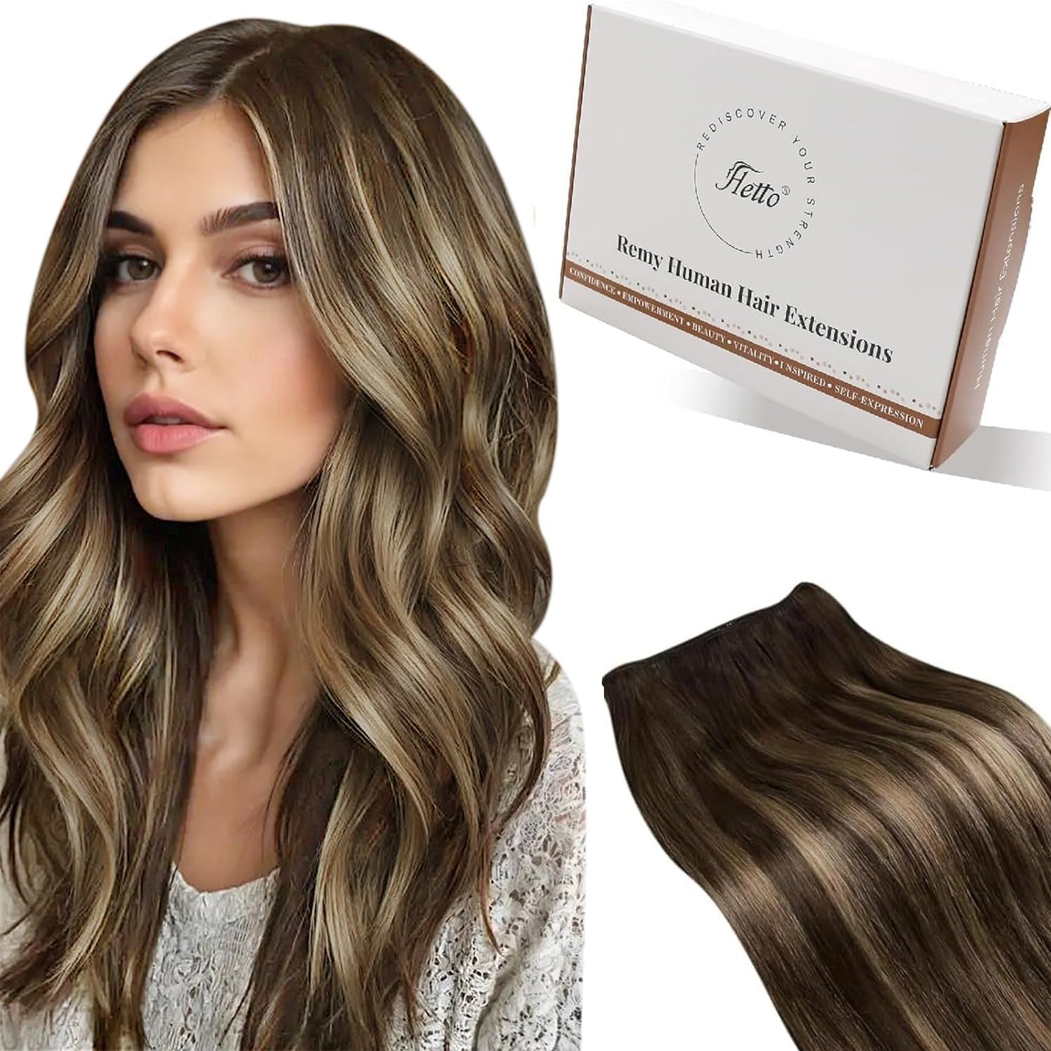 Hetto Weft Hair Extensions Real Human Hair Balayage Dark Brown Mix Honey Blonde 20 Inch 100g - Full Head Sew in Human Hair Wefts, Salon Weave Hair Extensions for Daily Use #4/27/4 — image 1