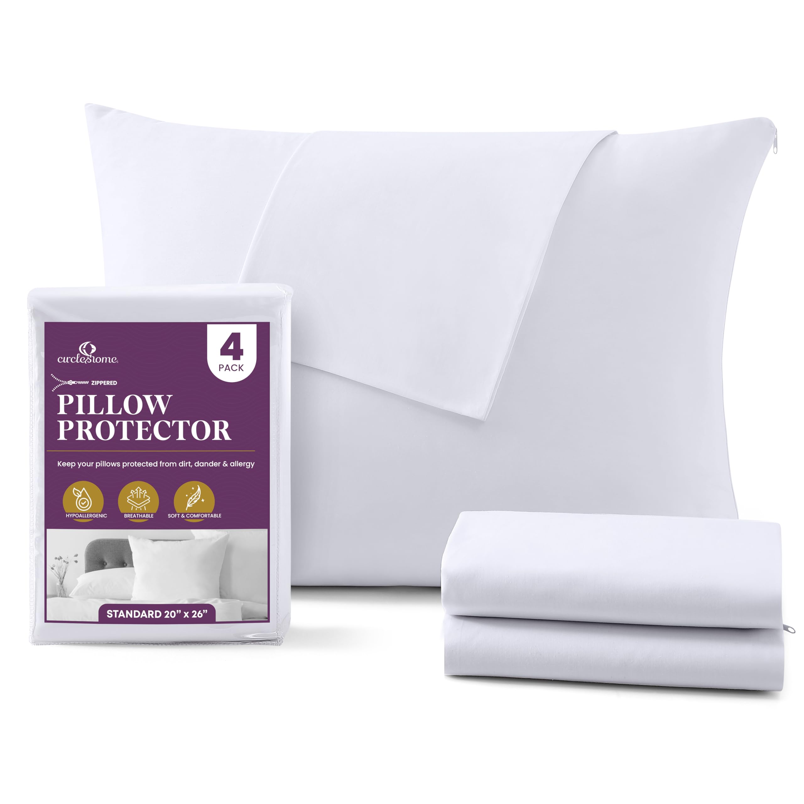 Photo 1 of CirclesHome Pillow Protectors 4 Pack Standard Zippered - 100% Cotton Breathable Pillowcases - Protects Pillows from Dirt, Dust and Debri (Standard - Set of 4 - 20x26)