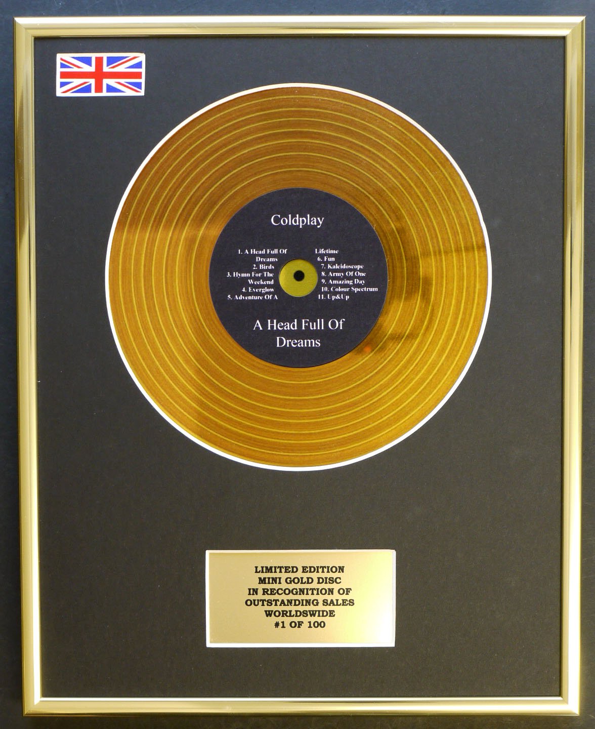 COLDPLAY/MINI GOLD DISC DISPLAY/LIMITED EDITION/COA/A HEAD FULL OF DREAMS
