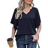 Jouica Womens Chiffon Blouses Casual Flowy Bell Sleeve Shirt Loose V Neck Pleated Tunic Tops