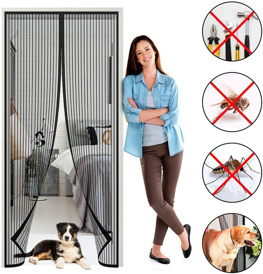 SODKK Magnetic Mesh Bug Screen Door 37x98inch, Black Hands Free Heavy Duty Mesh Curtain, Self Closing Magnetic Seal, Ventilation, Keep Bugs Out, Let Fresh Air in