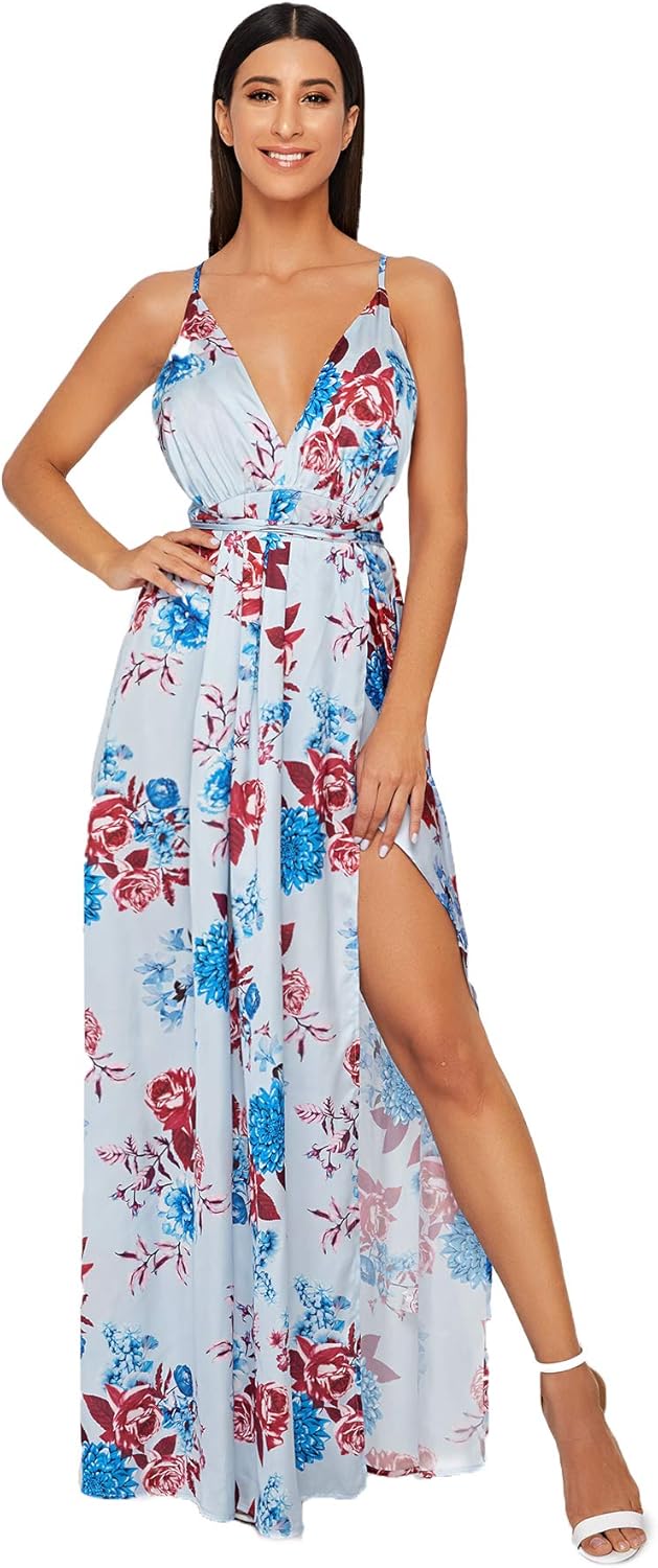 SheIn Women's Sexy Satin Deep V Neck Backless Maxi Party Evening Dress