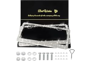 QUANQIUFEI 2 Pack Bling License Plate Frames for Women, Sparkly Rhinestone Diamond Car Accessories for Women, Handcrafted Stainless Steel Car License Plate Cover with Glitter Crystal Caps (White)