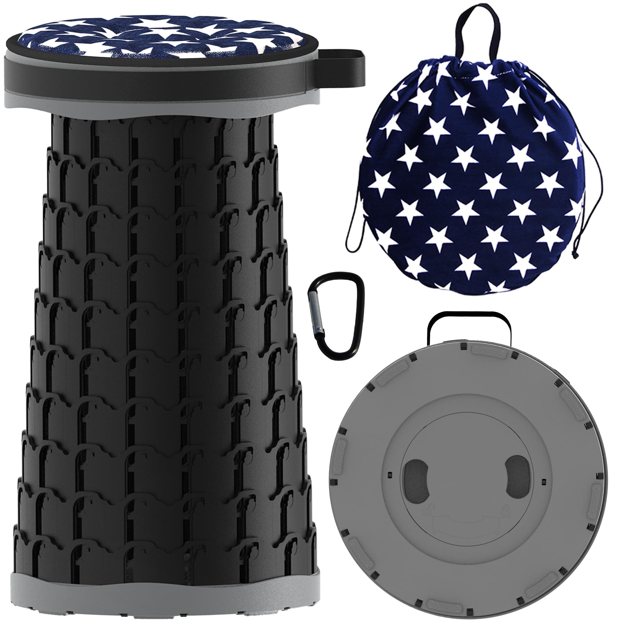 ALEVMOOM Portable Telescopic Folding Stool, Collapsible Stool with Cushion Max Load 440lbs, Lightweight Retractable Adjustable Seat Folding Chair for Camping, Fishing, Hiking, Travel