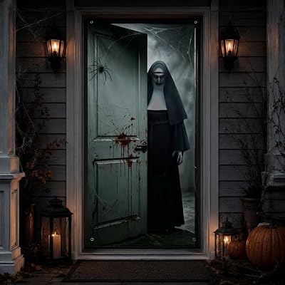 Banner de Puerta de Halloween Aterrador 180 x 90 cm, Decoración de Puerta de Horror para Fiesta (Monja Blanca)