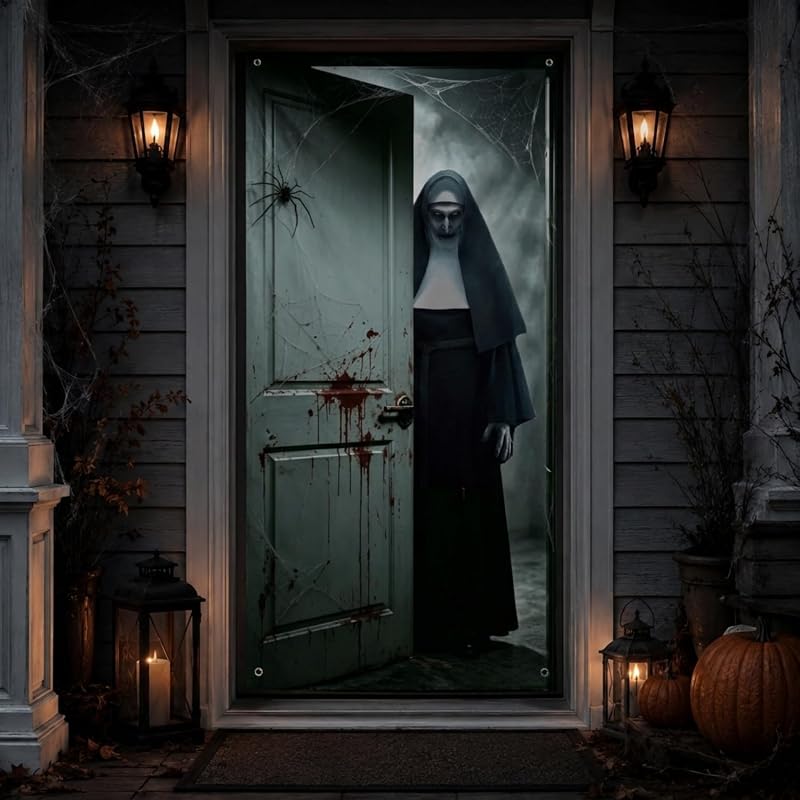 Banner de Puerta de Halloween Aterrador 180 x 90 cm, Decoración de Puerta de Horror para Fiesta (Monja Blanca)