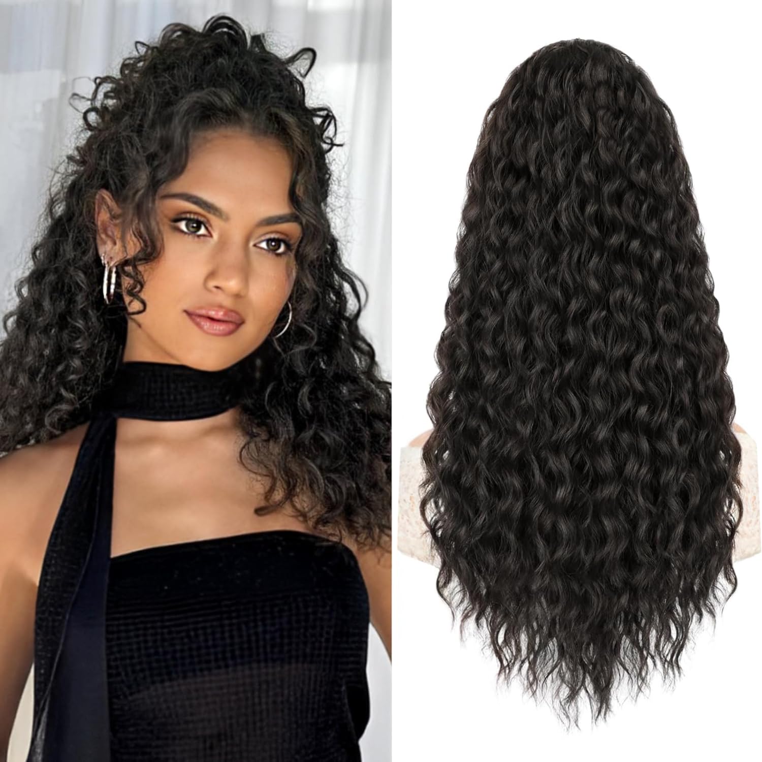 Afro Kinky Curly Ponytail for Women Drawstring Ponytail Synthetic Hair Extension Afro Drawstring Curly Pony tail with Clip in Hairpiece (Natural Black 2#, 18 inches)