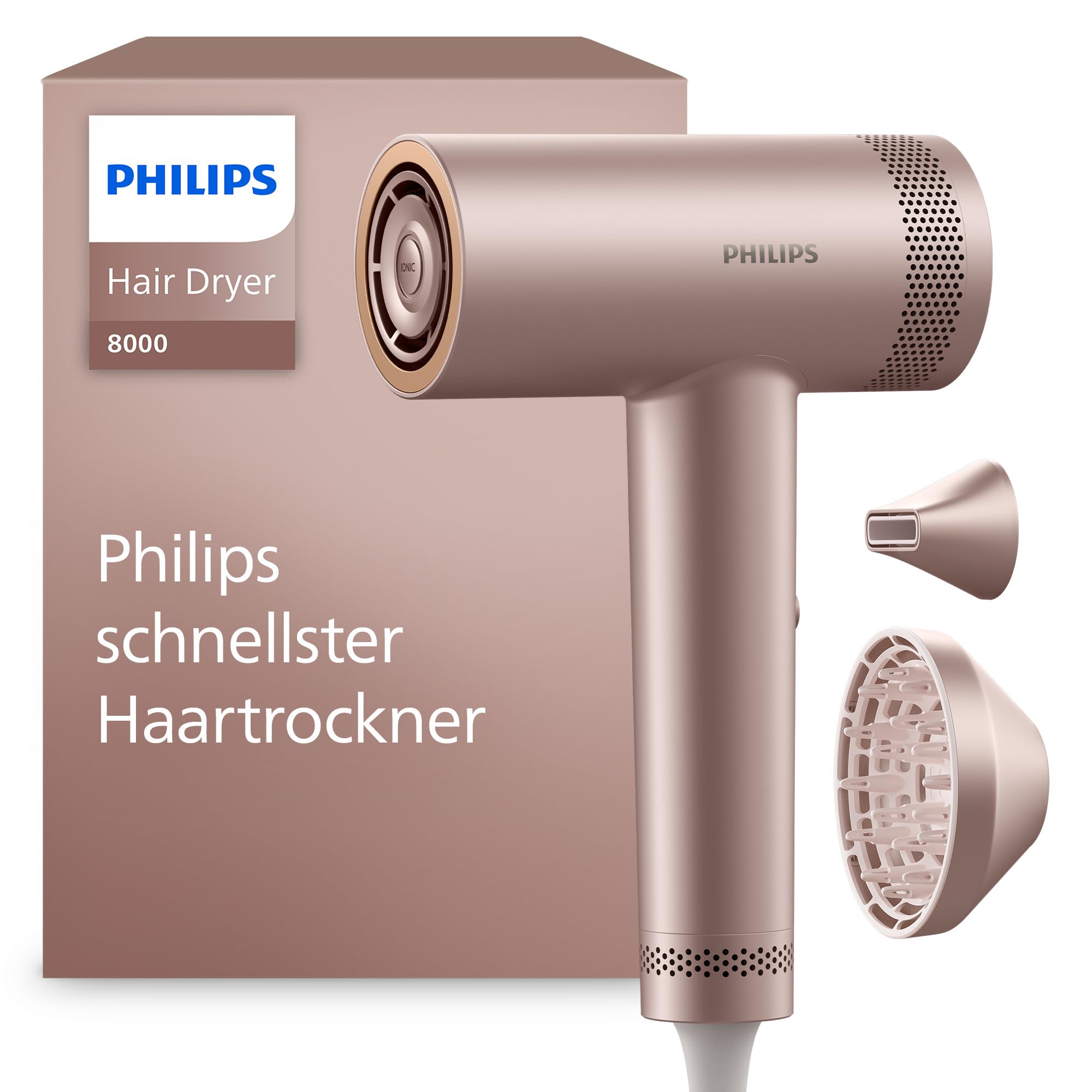 Philips Haartrockner Series 8000 – mit ThermoShield Advanced und bürstenlosem DC-Motor für schnelles Trocknen, Kopfhautpflege, 1400 W, Rosé Champagner, mit Stylingdüse und Diffusor, Modell BHD837/10
