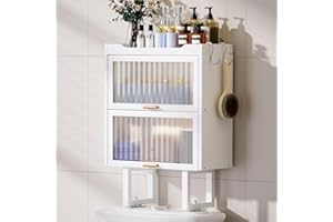 Cozivolife Over The Toilet Storage Cabinet, Bamboo Bathroom Organizer Rack with Lid and 2 Hooks, No Drilling Design Wall Mounted Space Saver Shelf for WC (White, L)