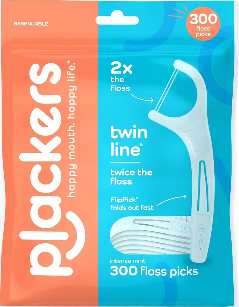 Plackers Twin Line Floss Picks, Intense Mint, 300 Count | PTFE free Tuffloss, Fits tight teeth, Fold-out FlipPick, Plaque rem