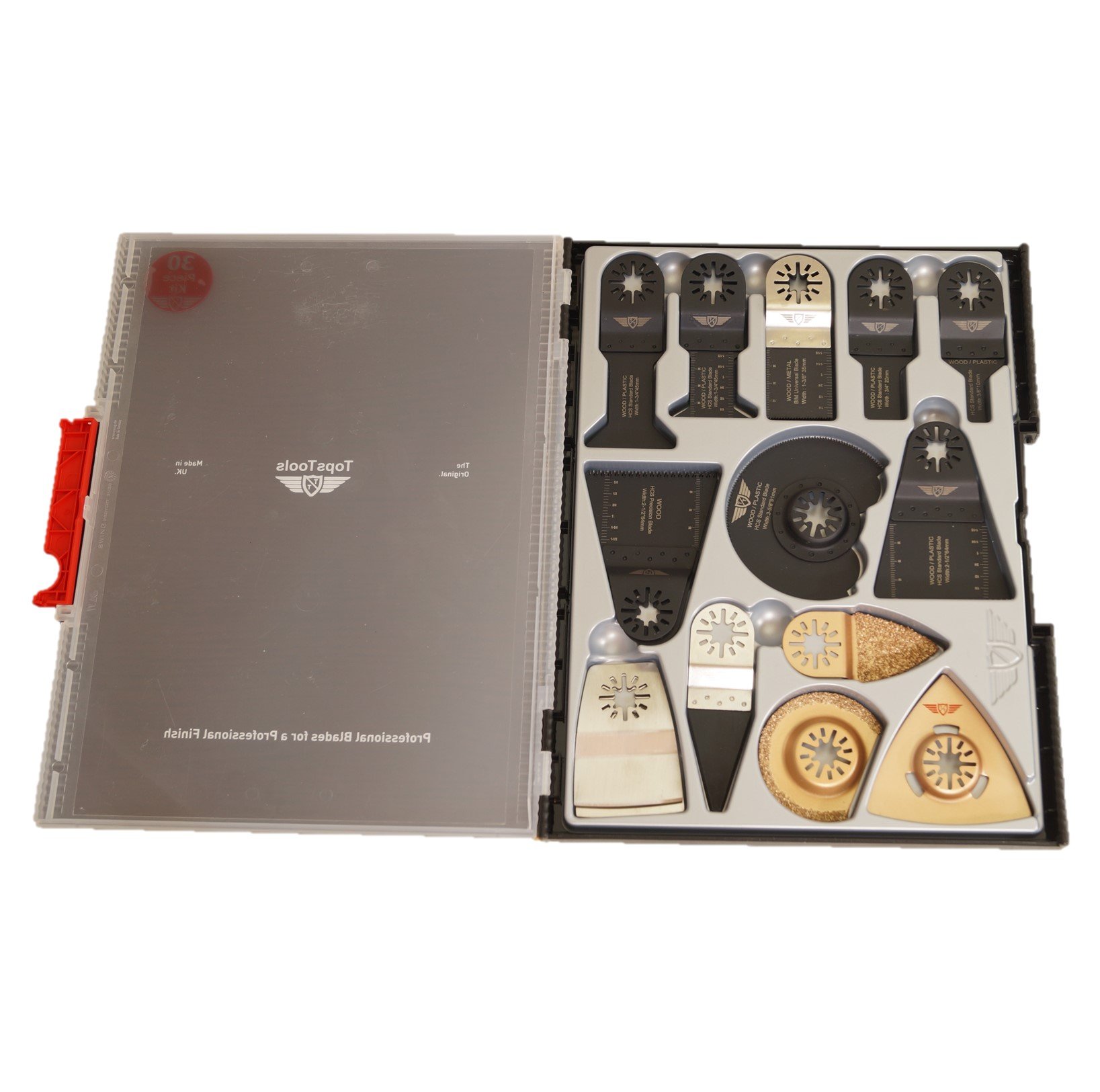 30 x TopsTools SW_UNK30 Mix Blades Case Box Set Compatible with Bosch Fein (Non-StarLock) Makita Milwaukee Einhell Ergotools Hitachi Parkside Ryobi Worx Workzone Multitool Multi Tool Accessories
