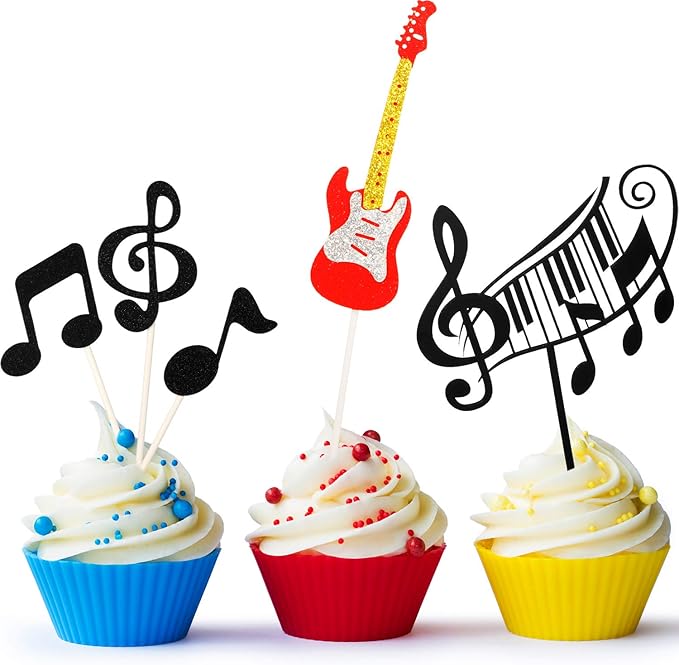 8 Pieces Music Notes Cupcake Toppers, Guitar Cake Toppers, Musical