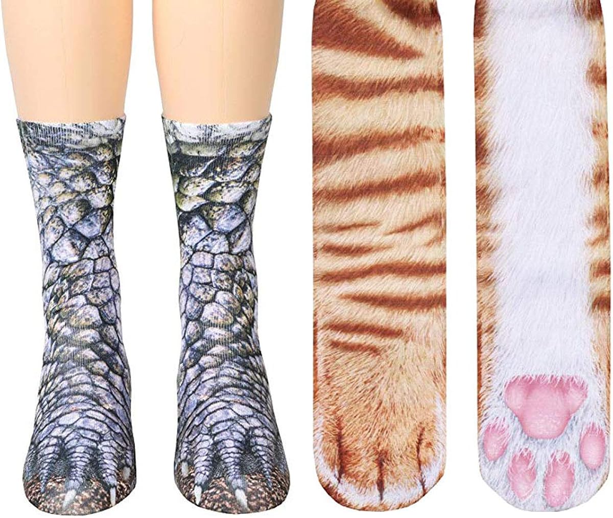 2 Packs Animal Paw Socks 4D Paw Print Socks Novelty Crew