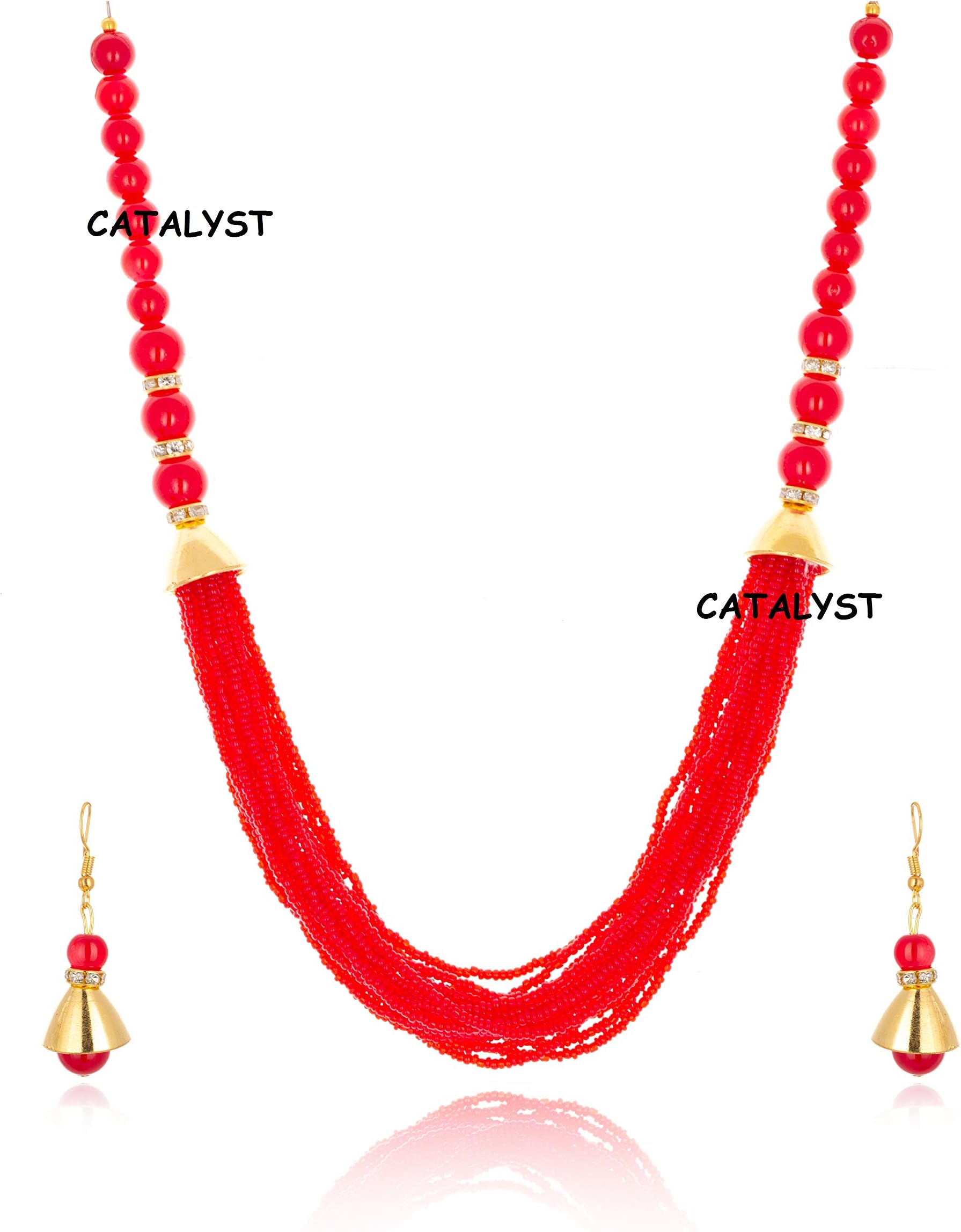 CATALYST Fashion Jewellery Antique RED Multistrand Beaded Designer Necklace Set with Drop Earrings for Women and Girls(233R)