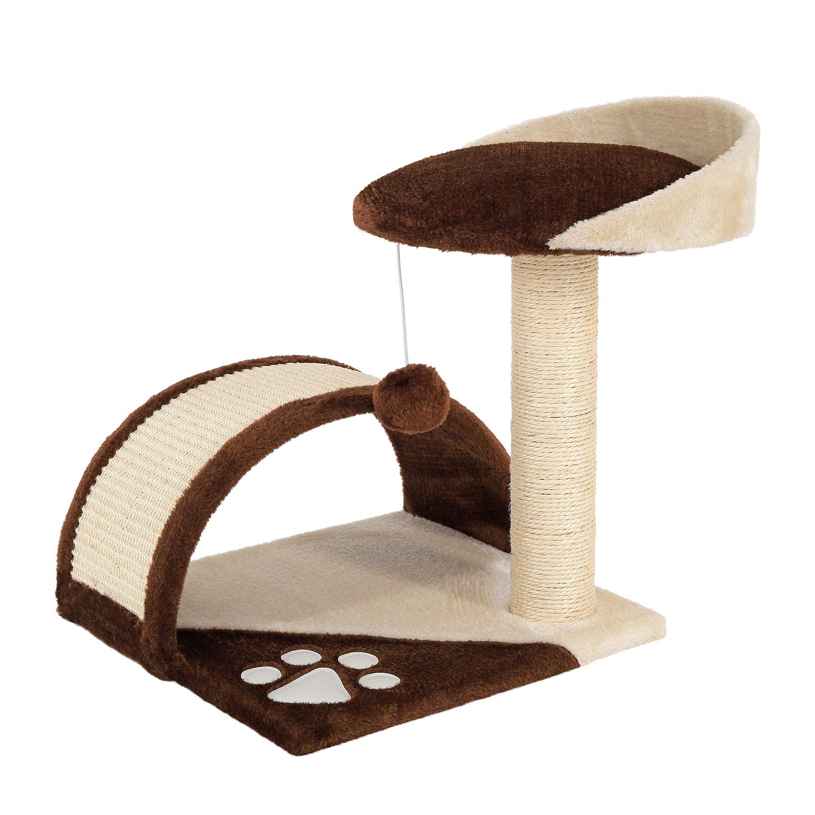 lionto Small scratching post with plush ball & scratching arch, height 43 cm, cozy lying surface out of soft plush, stable with sisal rope for claw care, suitable for small & large cats, brown/beige