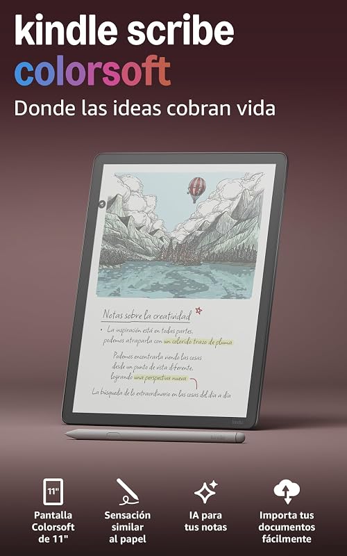 Kindle Scribe Colorsoft (última gen.): fino, ligero y rápido, con pantalla a color de 11" similar al papel y luz frontal; escribe en cuadernos integrados, documentos y libros (32 GB, grafito)
