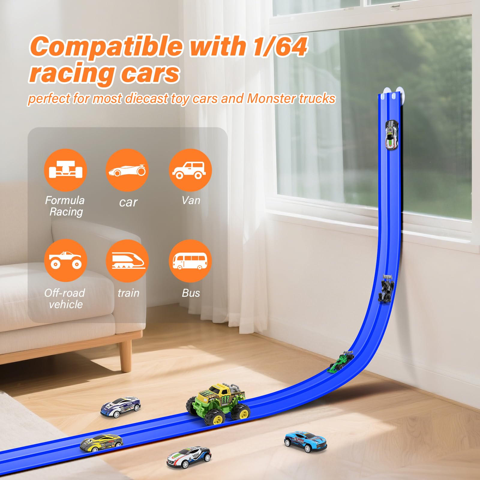KETIEE Flex Tracks 16Ft for Kids: Flexible Race Car Ramp Track with 4 Small Racecars and 8 Suction Cups Compatible with Diecast 1/64th Cars, Rolls Up Portable Racetrack for Ages 3 & Up