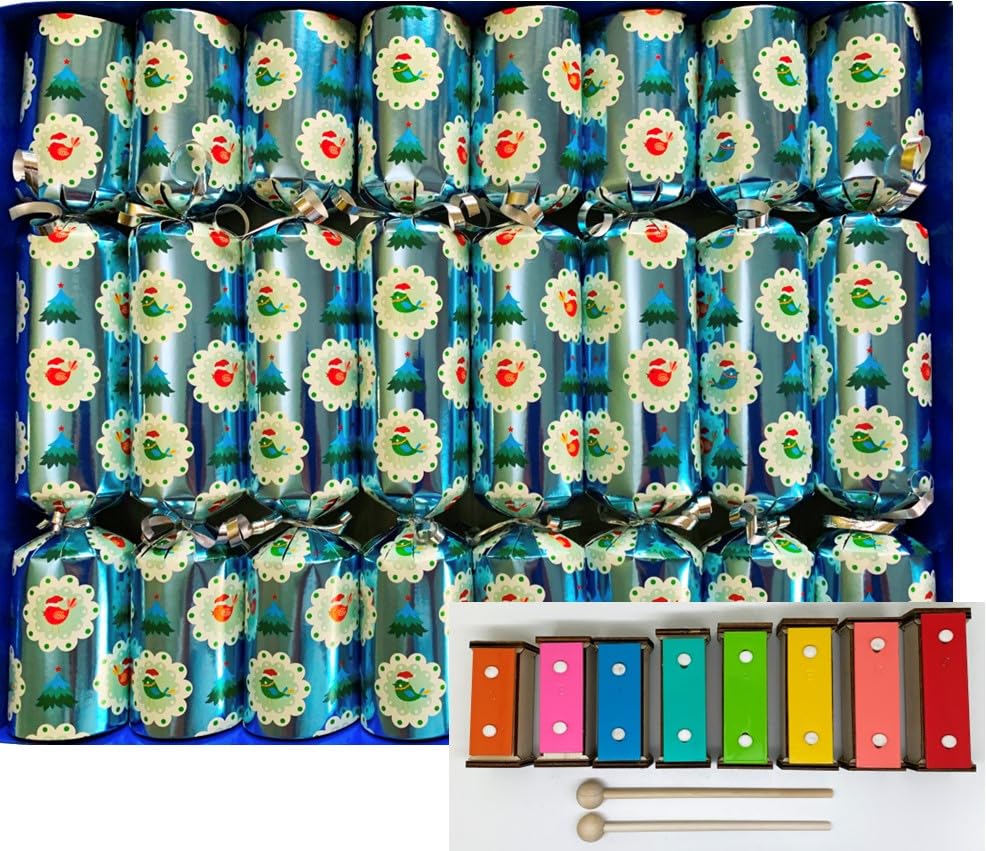 Crackers Ltd Musical Christmas Crackers with Mini Xylophones - Winter Birds Design on Silver